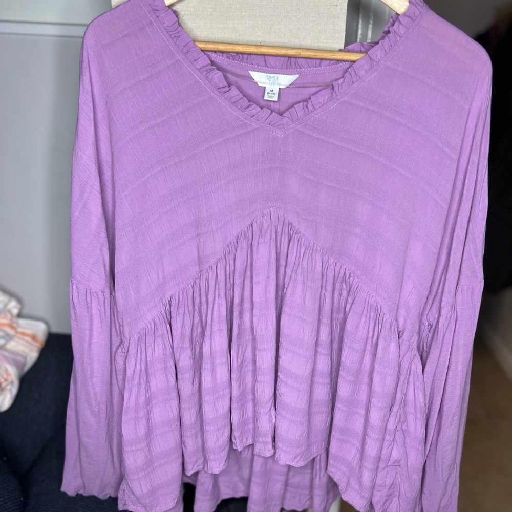 Time and Tru Lilac Dew Ruffle Edge Peasant Top